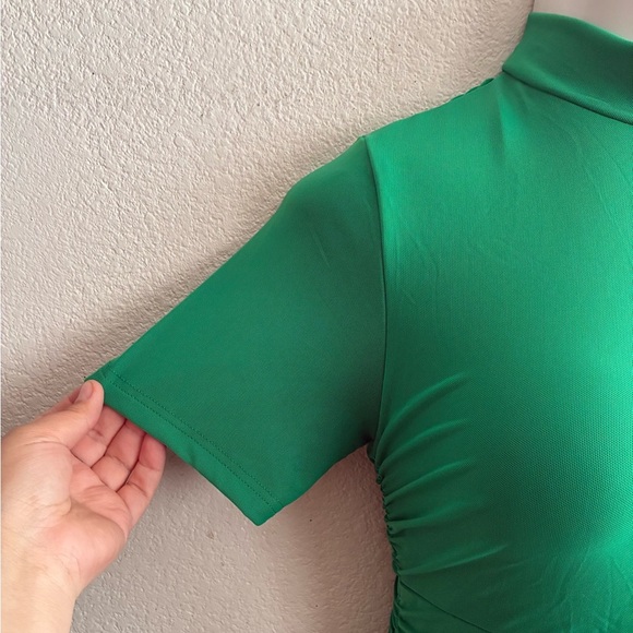Elegant Stand Collar Green Bodycon Ruched Dress L - Picture 5 of 13